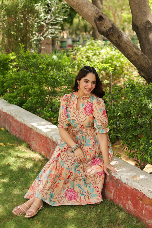 Women Floral Printed Puff Sleeve Fit & Flare Dress